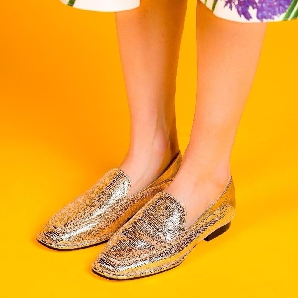 PAULA TORRES Gold reptile embossed MADRID square toe loafers size 9‎